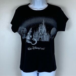 Vintage Walt Disney World Magic Kingdom Girls Youth 2X T-Shirt Black Glitter USA